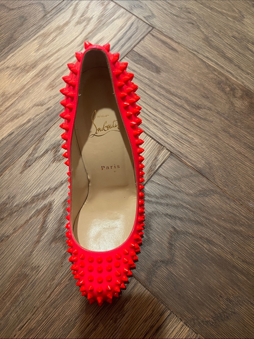 Christian Louboutin Vibrant Red Orange Spiked Heels - Picture 9 of 10